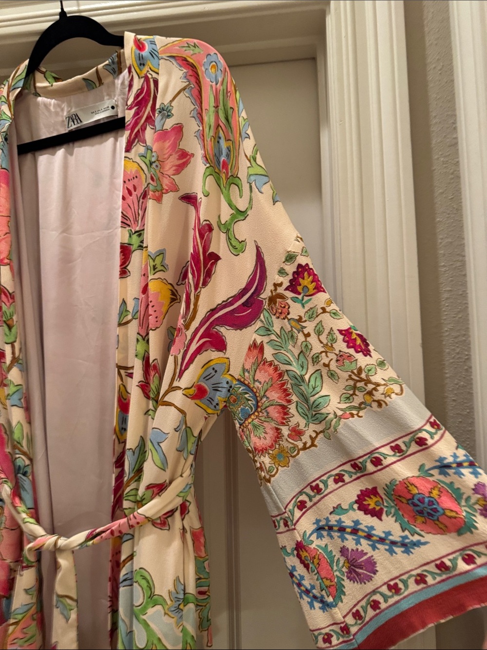 Zara Cream Floral Wrap Kimono Duster Cardigan Belted light weight cover up Small - Picture 7 of 14